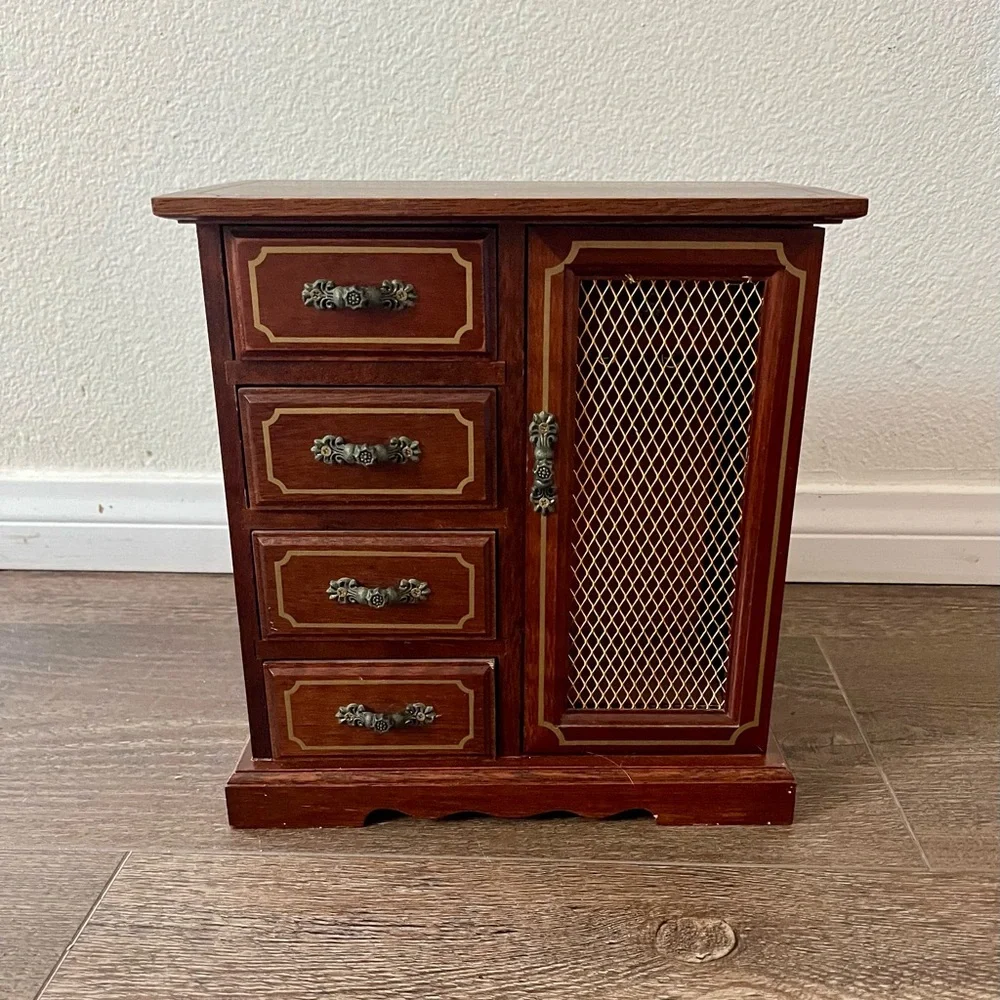 Wooden Jewelry Box with Side Cabinet and Four Drawers 6/9/10 Inches
